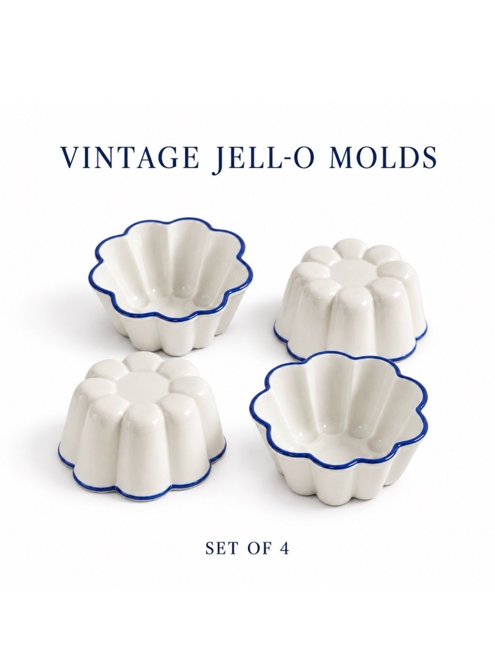 Vintage Fluted Jello/Flan Molds Set of 4 White Ceramic w Blue Rim
